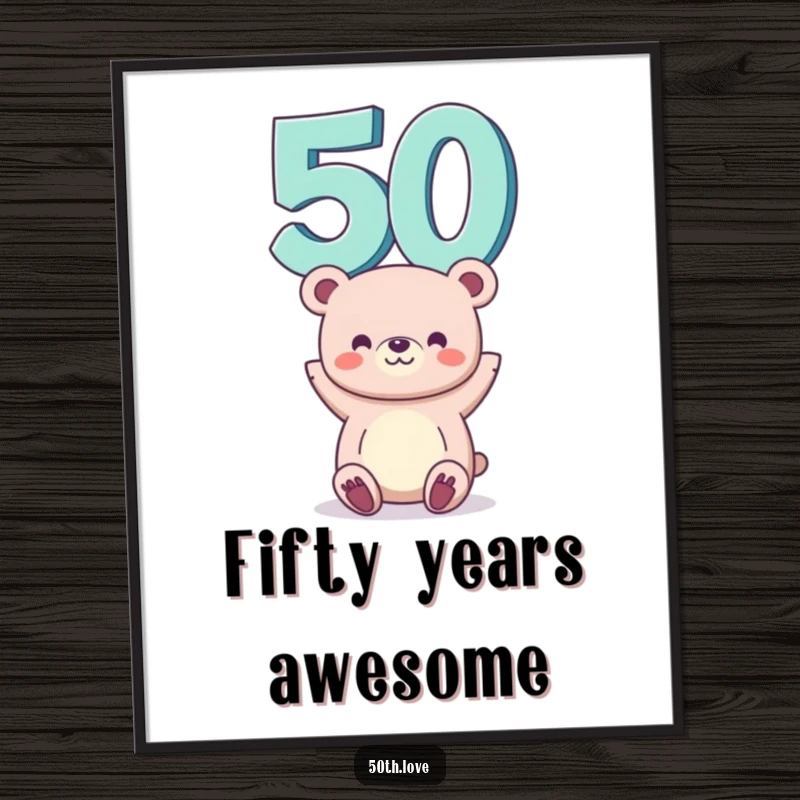 Funny 50th birthday poster depicting a bear with the number 50 balanced on its head, adding humor to party decor.