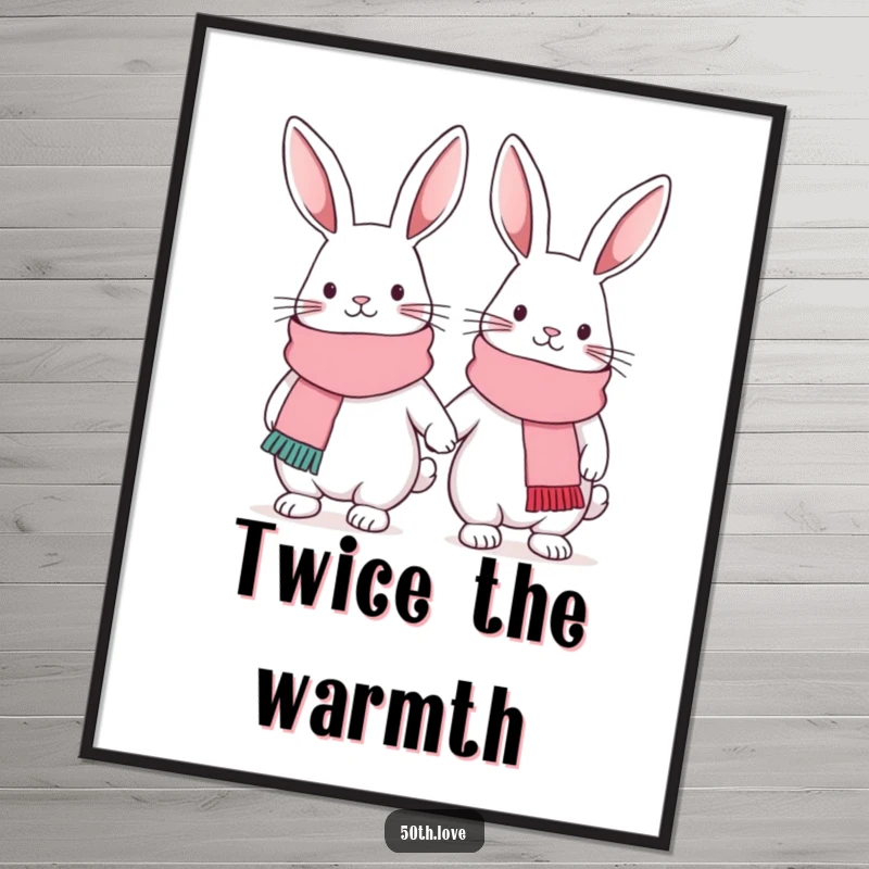 Funny friendship poster featuring two cute bunnies in festive scarves, linked arm-in-arm, symbolizing the warmth of friendship.