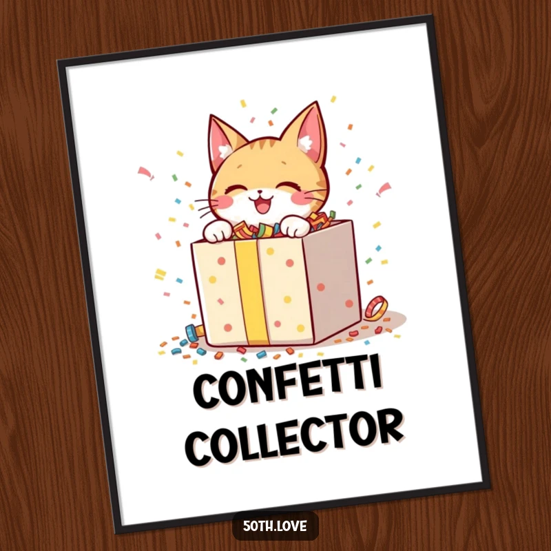 Funny poster of a cheerful cat character with wide eyes, opening a giant gift box bursting with confetti.
