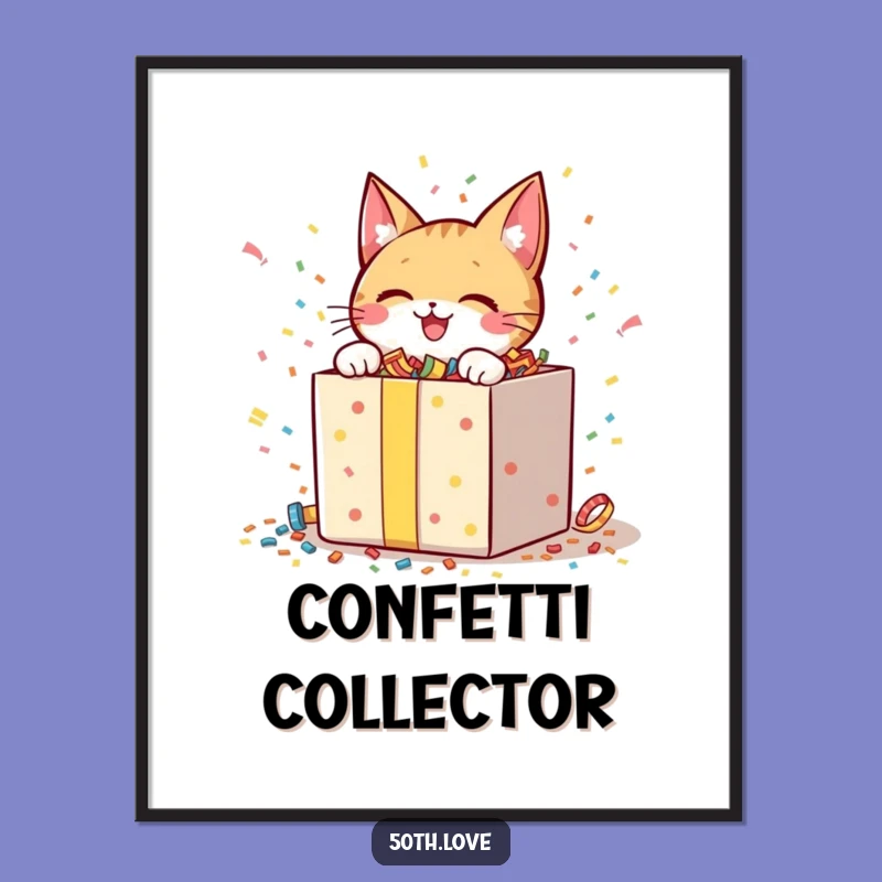 Funny Cat Unboxing Poster: Cheerful Character Excitedly Opening Confetti Art