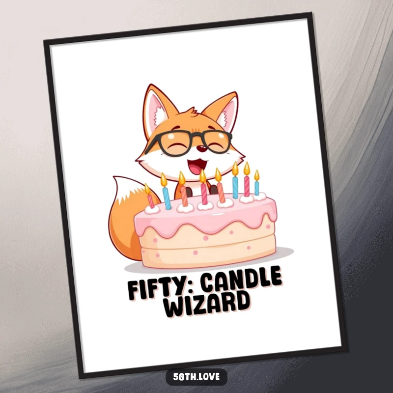 Funny poster depicting a giggling fox wearing spectacles, extinguishing candles on a massive birthday cake.