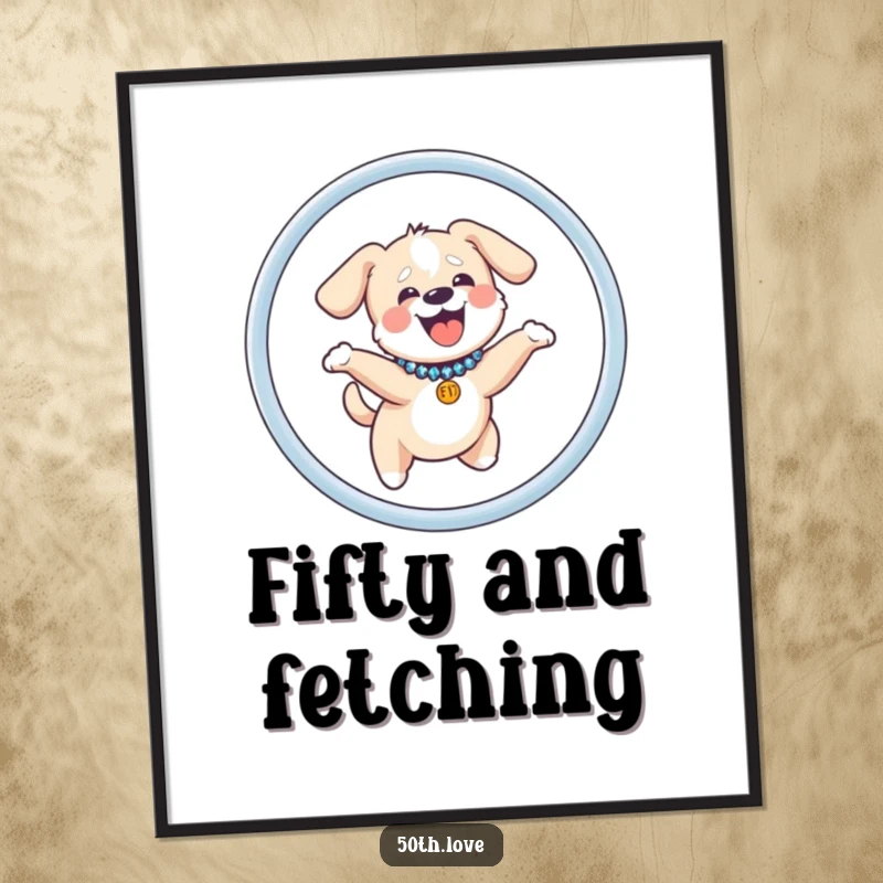 Funny dog poster illustrating a joyful, giggling dog with a dazzling collar, soaring through a hoop emblazoned with the number fifty.