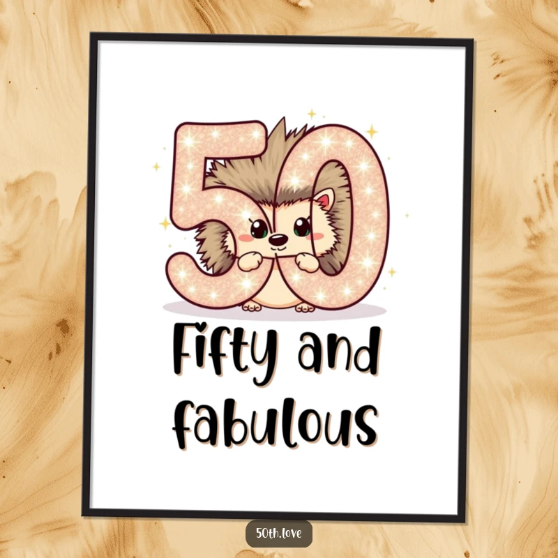 Funny poster featuring a chubby hedgehog peeking from behind a large, sparkling number 50, perfect for birthday decor.