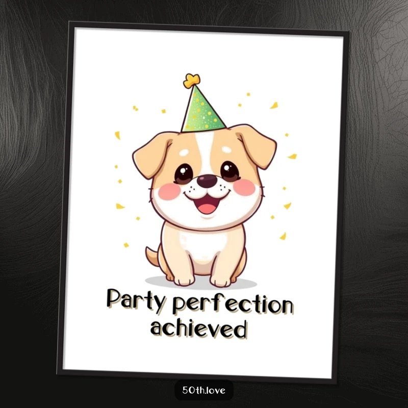 Funny 'Party Dog' Poster: A smiling, round dog in a party hat enthusiastically juggles a cascade of golden confetti.