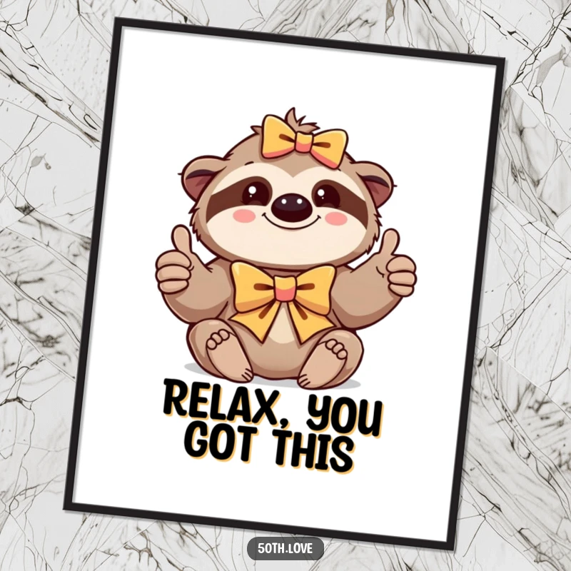 Funny poster featuring a contented sloth wearing a festive bow and giving a positive thumbs-up.