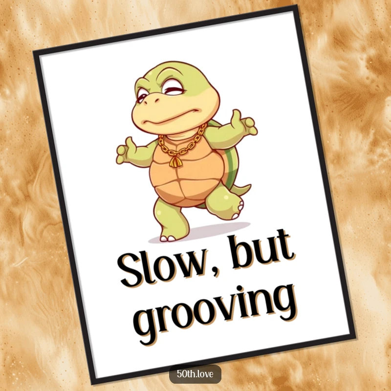 Funny 50th birthday poster featuring an elderly turtle in a gold chain, doing a slow, dignified dance, celebrating a milestone with cool.