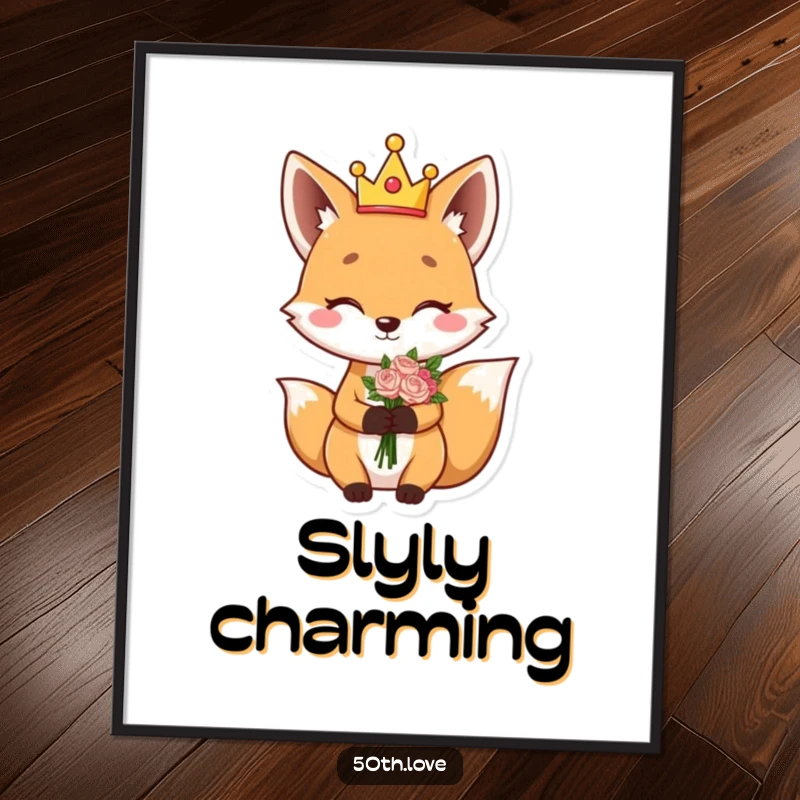 Funny poster depicting a giggling fox wearing a silly crown, winking, and presenting a bouquet.
