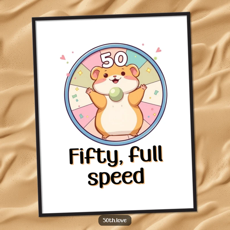 Funny hamster spinning a wheel adorned with sparkly confetti and the number 50 on a poster, creating vibrant birthday decor.
