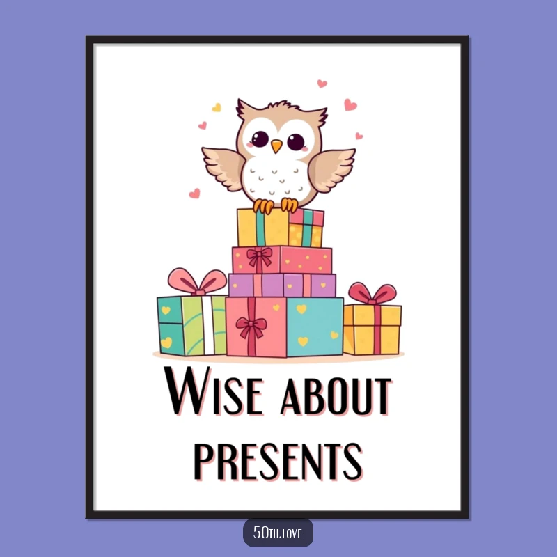 Funny Owl Anniversary Poster: Happy Character Hooting on Gift Stack Art