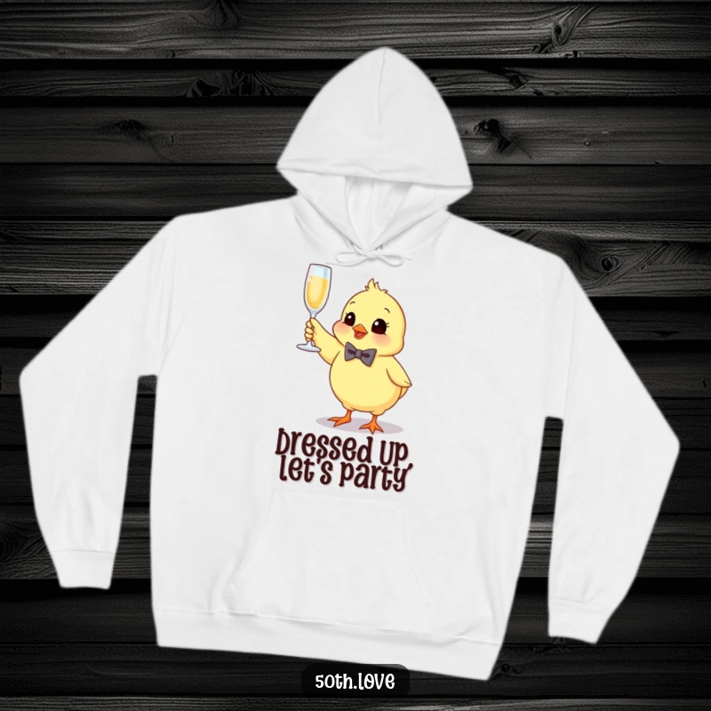 Funny chick hoodie with a bow tie, bouncing happily and holding a sparkling champagne flute, ready to celebrate.