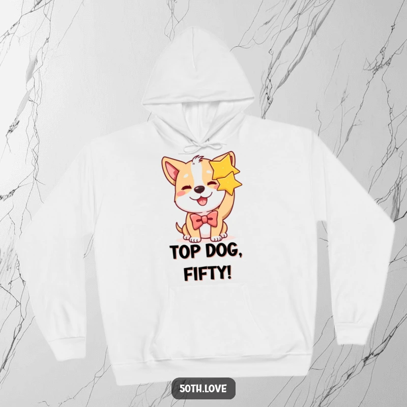 Funny dog with a bow tie winks and holds a golden star on a cozy hoodie, perfect for a comfortable and stellar birthday.