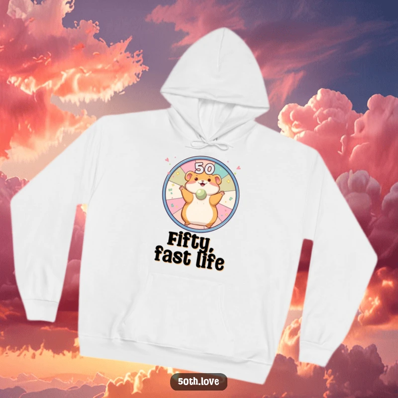 Funny hamster spinning a wheel with confetti and the number 50 on a cozy hoodie, ideal for a warm and festive birthday.