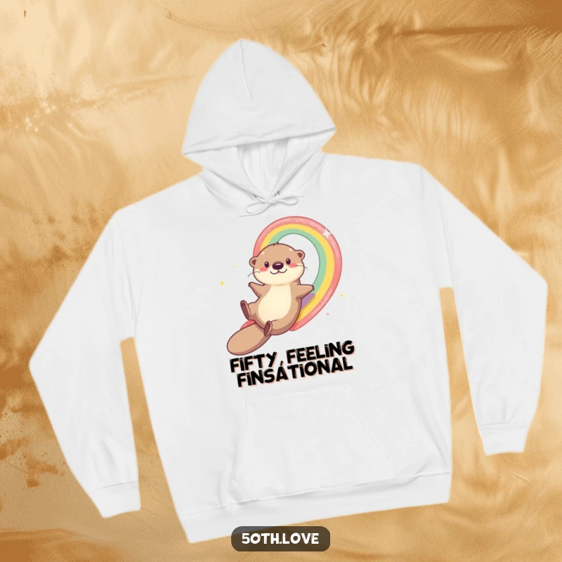 Funny otter sliding down a rainbow towards number 50, printed on a cozy hoodie, conveying a playful and festive 50th birthday vibe.
