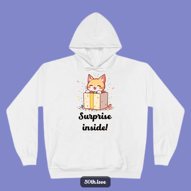 Funny Cat Unboxing Hoodie: Cheerful Character Excitedly Opening Confetti Gift