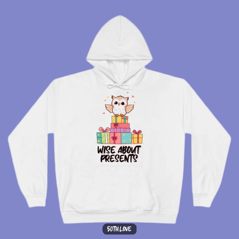 Funny Owl Anniversary Hoodie: Happy Character Hooting on Gift Stack