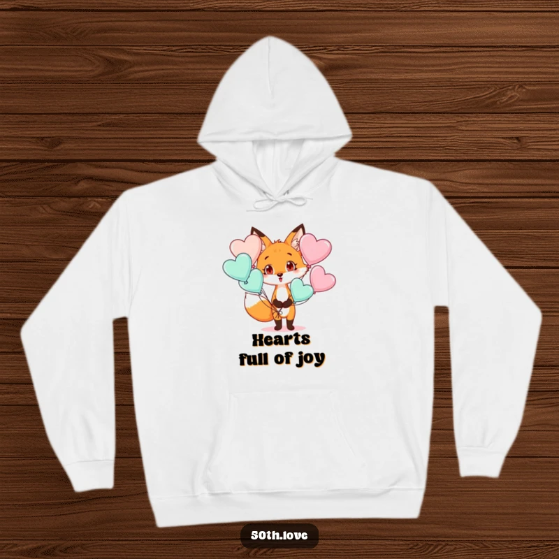 Funny hoodie with a surprised fox holding heart-shaped balloons, offering comfort and a touch of endearing humor.