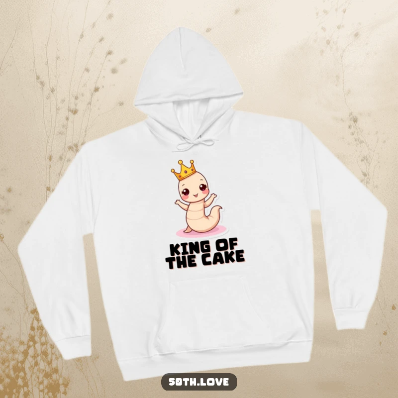 Funny birthday hoodie featuring a crowned worm dancing around a cake, offering warmth and royal festive vibes.