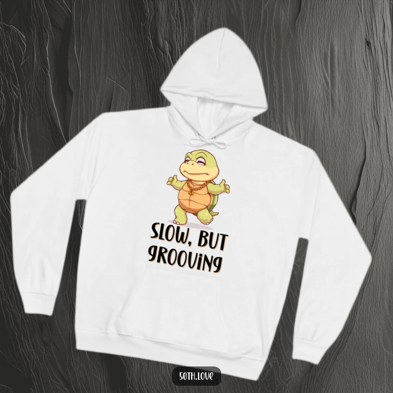 Funny 50th birthday hoodie featuring an elderly turtle in a gold chain, performing a slow, dignified dance, embodying celebration.