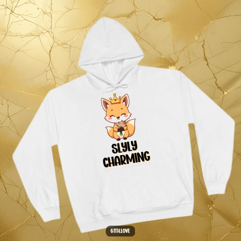 Funny hoodie with a giggling fox wearing a silly crown, winking charmingly while holding a flower bouquet.