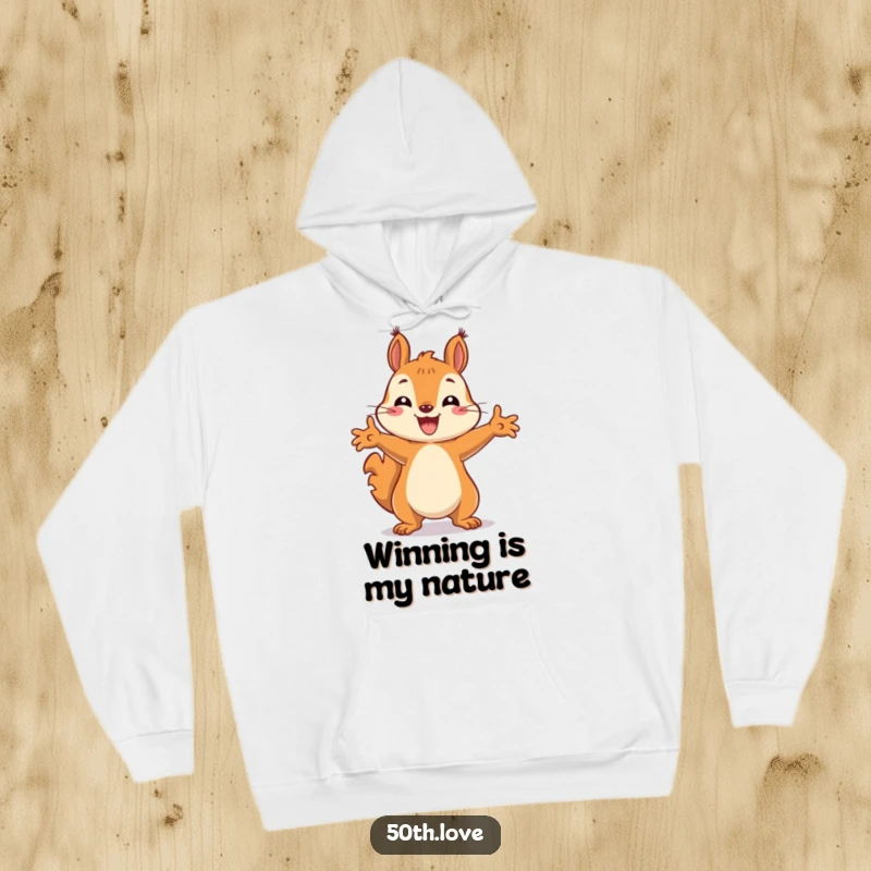 Funny hoodie featuring a jubilant squirrel striking a celebratory pose with its paws enthusiastically outstretched.