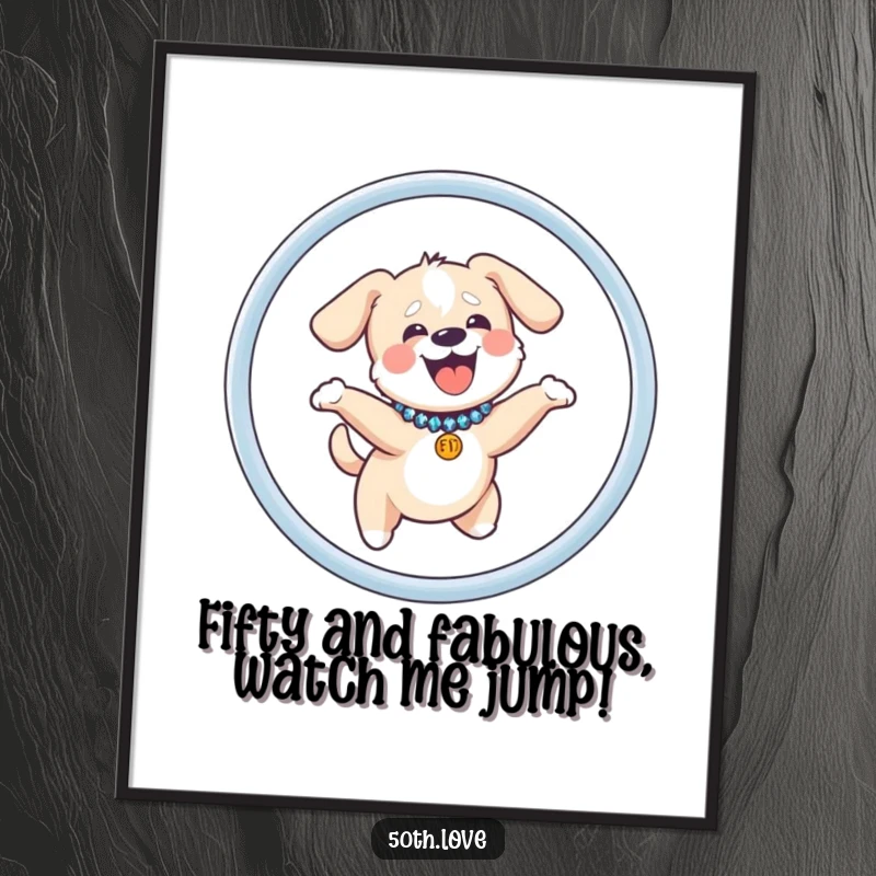 Funny Free Printable Wall Art: A giggling dog with a sequined collar jumps through a hoop.