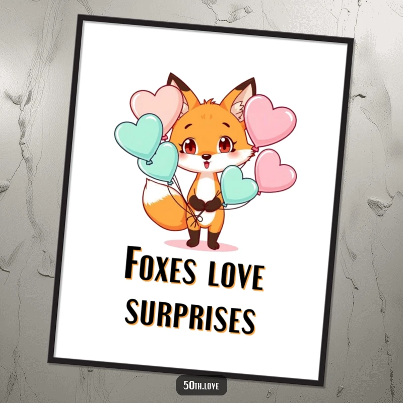 Funny Free Printable Wall Art: A fox with a comically surprised expression holding a large bunch of red heart-shaped balloons.