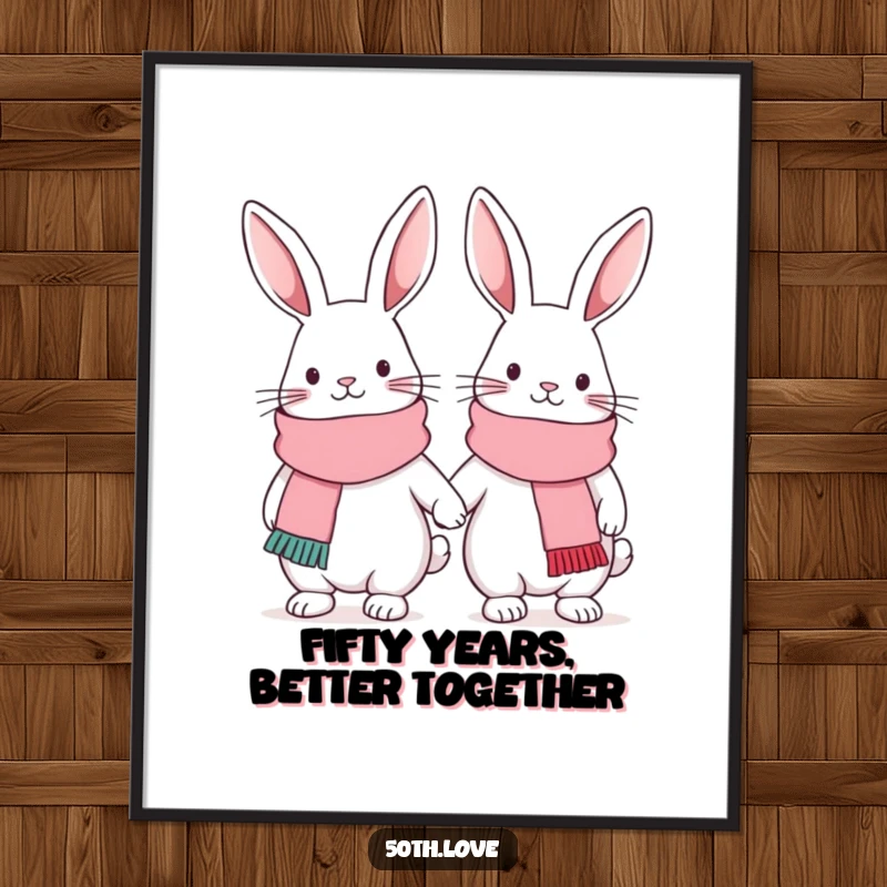 Funny Free Printable Wall Art: Two cute bunnies wearing festive scarves are linked arm-in-arm, exuding friendship and warmth.