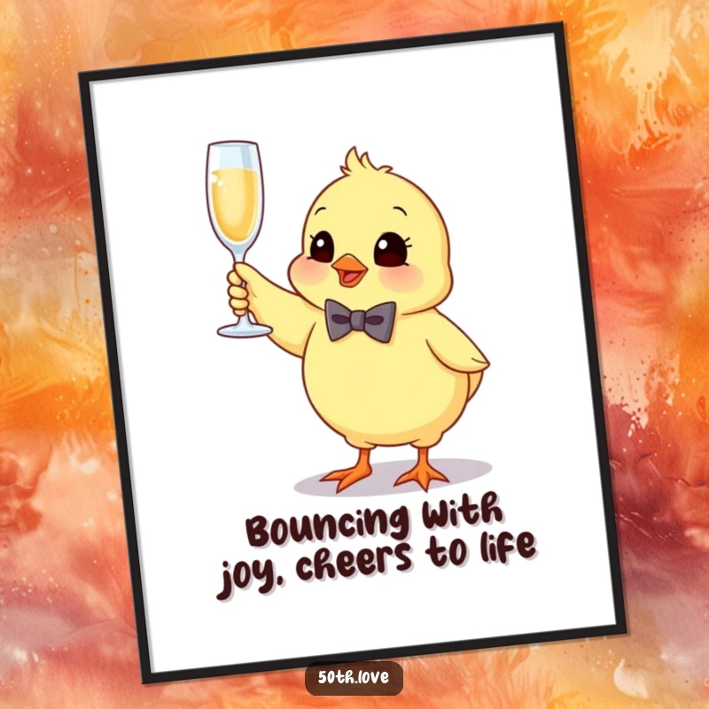 Funny Free Printable Wall Art: A bouncing chick wearing a tiny bow tie holds a sparkling champagne flute aloft.