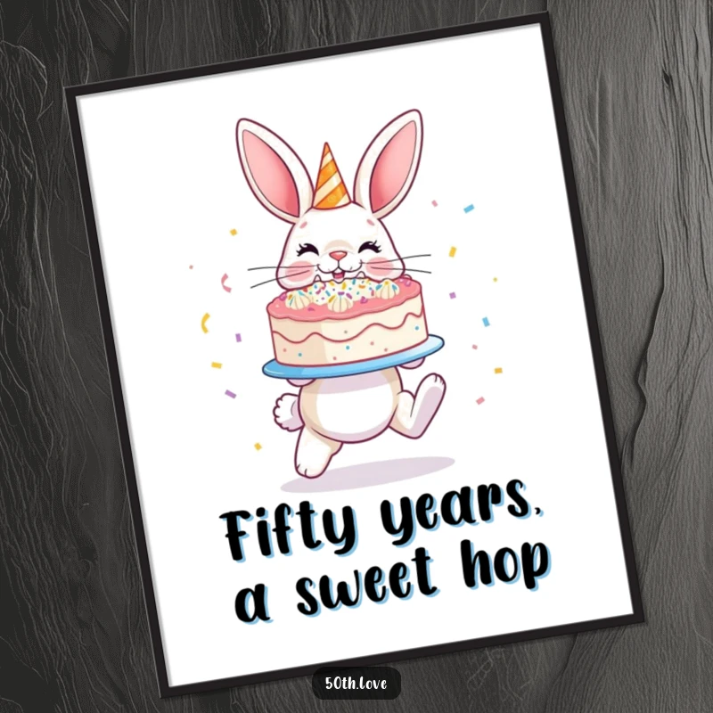 Funny Free Printable Wall Art: A hopping bunny presents a delicious, confetti-covered cake.