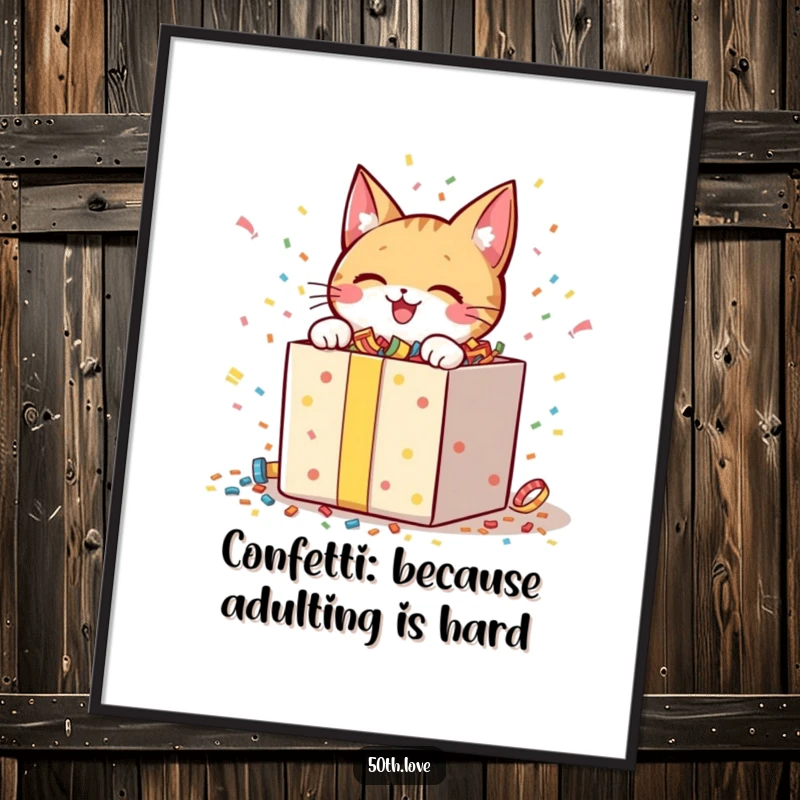 Funny Free Printable Wall Art: A cheerful cat character excitedly unwraps a giant gift box overflowing with confetti.