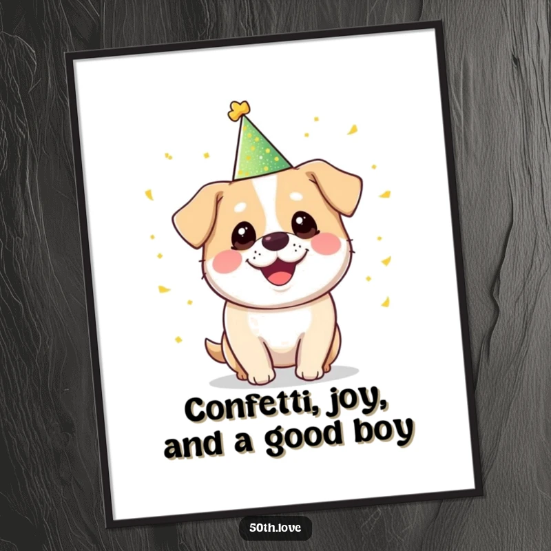 Funny Free Printable Wall Art: A smiling dog in a sparkly hat juggles confetti.
