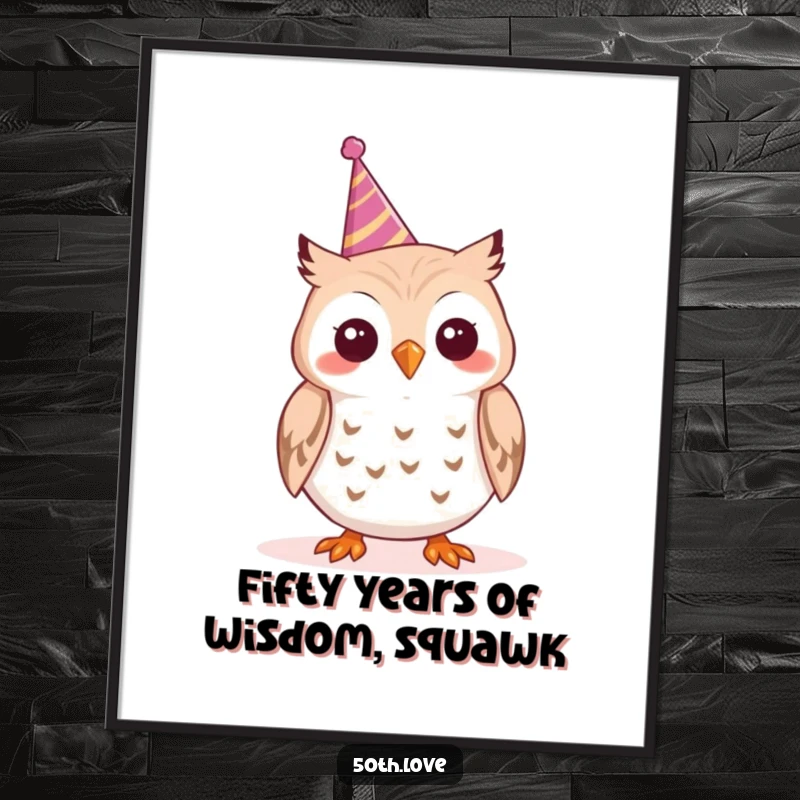 Funny Free Printable Wall Art: A cheerful owl excitedly toots a tiny party horn.