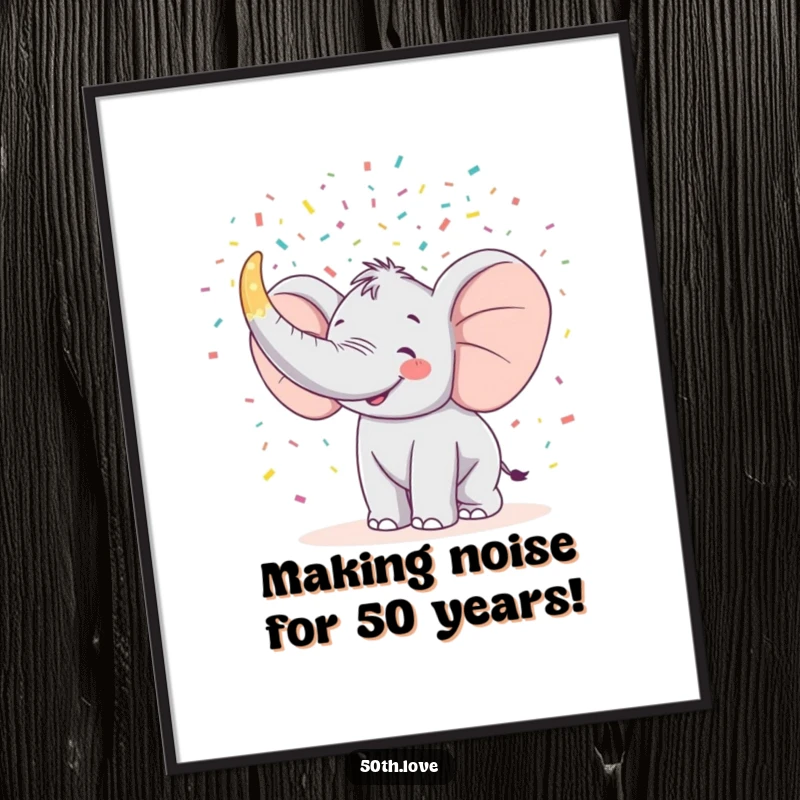 Funny Free Printable Wall Art: Happy elephant blowing confetti from a giant horn shaped like a 50.