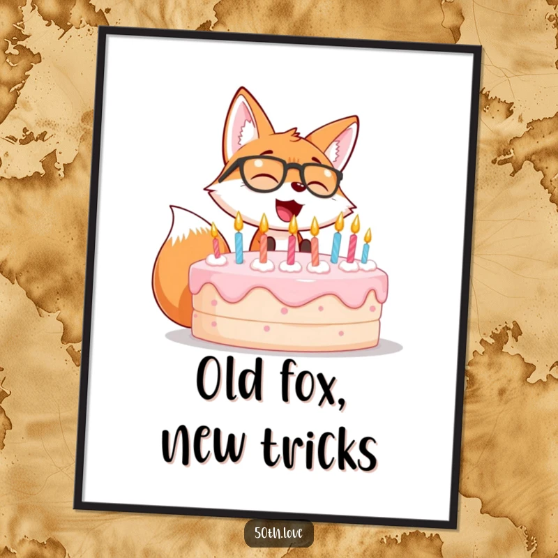 Funny Free Printable Wall Art: Giggling fox wearing spectacles blows out candles on a massive cake.