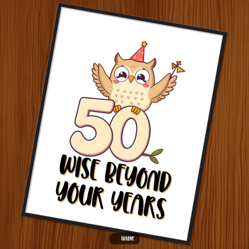 Funny Free Printable Wall Art: Delighted owl perched on numeral 50 waves a tiny festive banner.