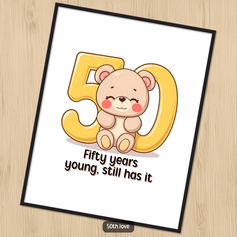 Funny Free Printable Wall Art: A plush bear winks from a giant golden number 50.