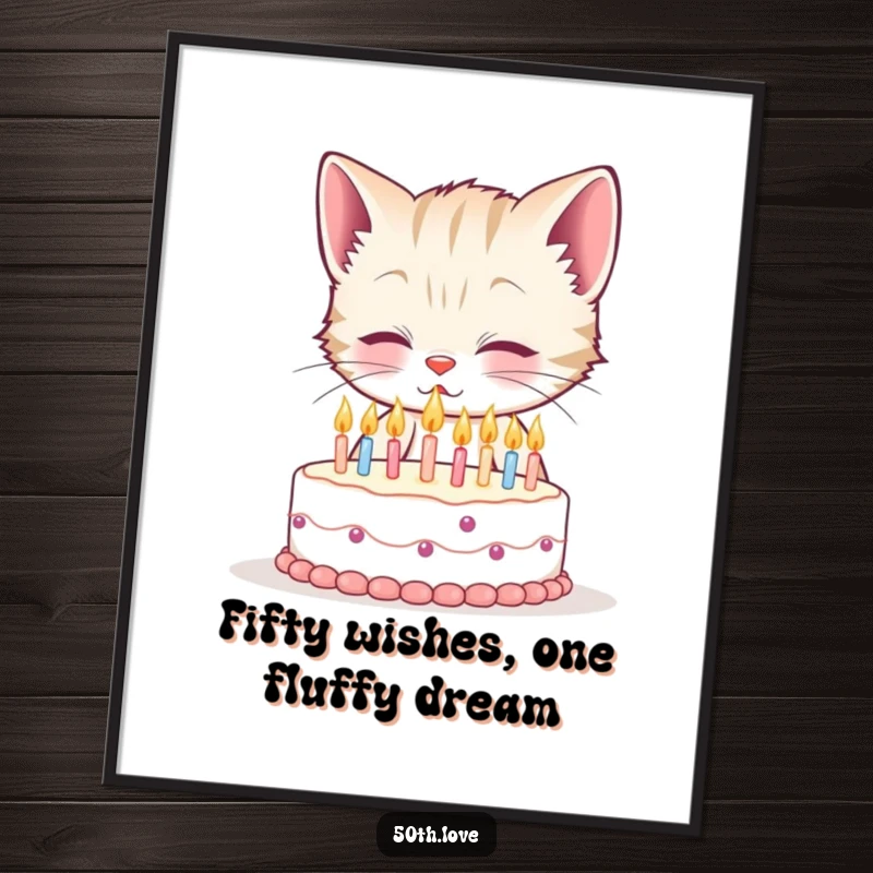 Funny Free Printable Wall Art: A smiling kitten attempts to extinguish fifty tiny candles on a minuscule cake, full of effort.