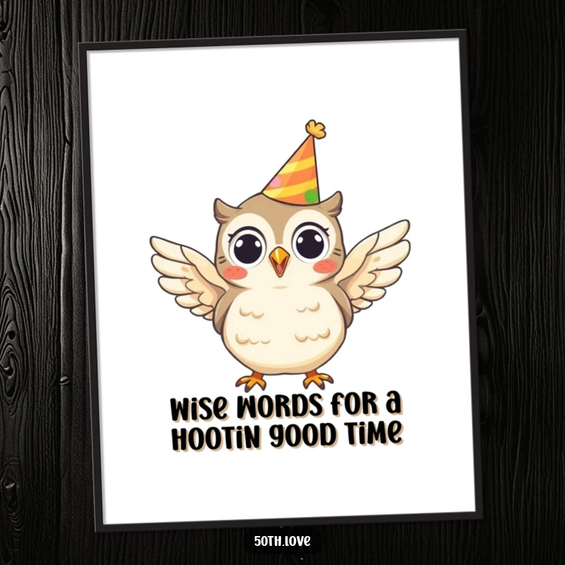 Funny Free Printable Wall Art of a cheerful owl in a party hat enthusiastically flapping its wings, bringing a sense of celebration.
