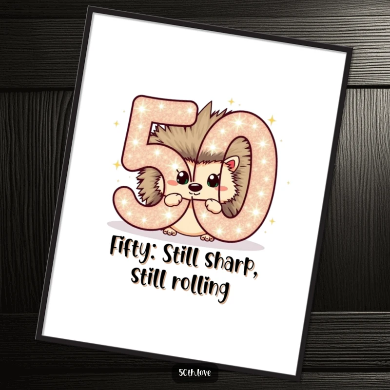 Funny Free Printable Wall Art: Chubby hedgehog peeking from behind a large sparkling number, cute and humorous downloadable art.