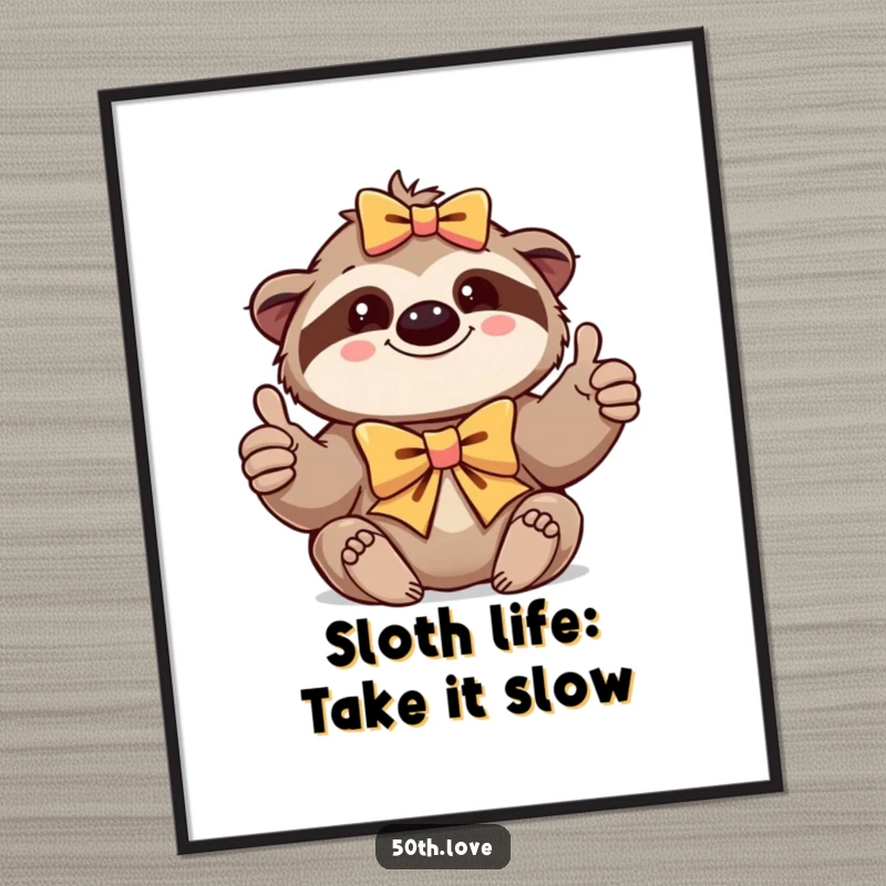 Funny Free Printable Wall Art: Contented sloth in a festive bow giving a thumbs-up, embodying relaxed humor for your space.