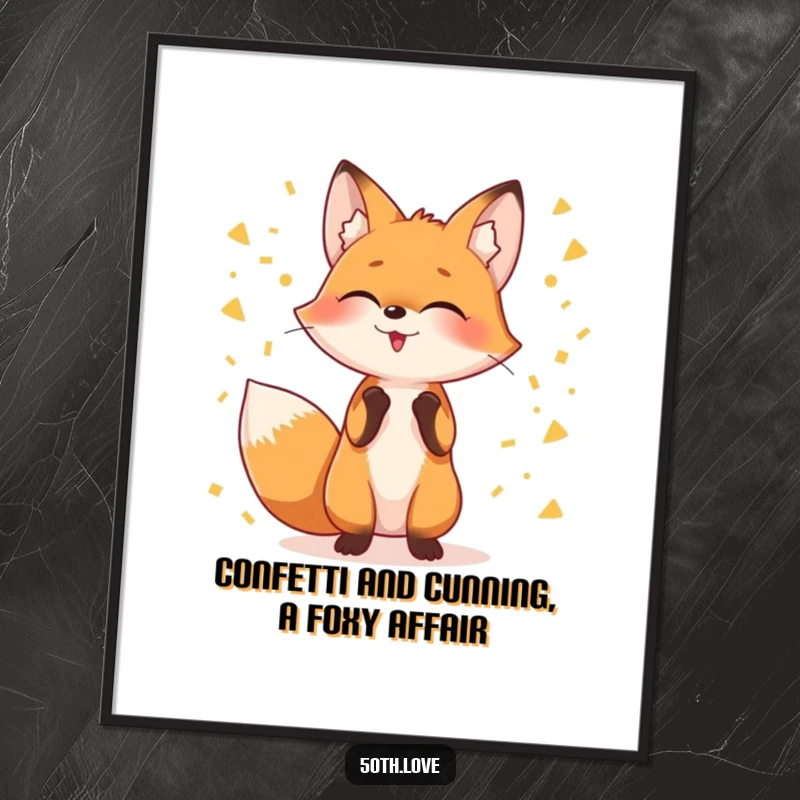 Funny Free Printable Wall Art depicting a giggling fox playfully juggling vibrant streams of golden confetti, bringing festive cheer.