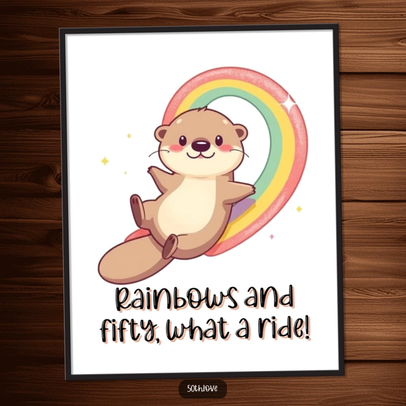 Funny Free Printable Wall Art: An otter gleefully slides down a bright rainbow, bringing joy and humor.