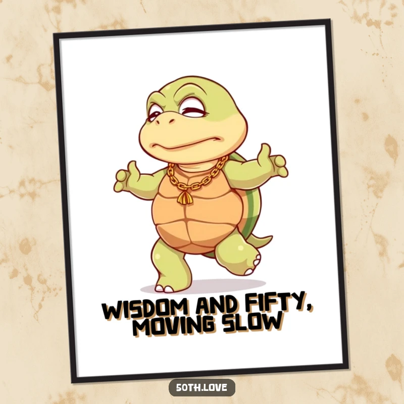 Funny Free Printable Wall Art: An elderly turtle wearing a gold chain dances with slow, dignified grace, adding quirky charm.