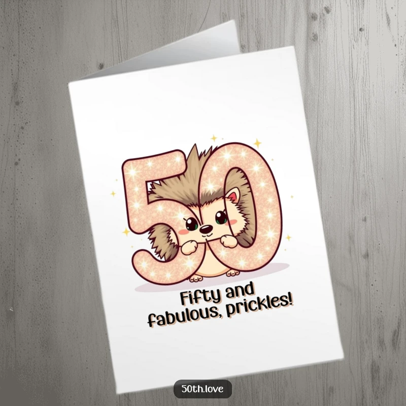 Funny Free Printable 50th Birthday Card: Chubby hedgehog peeking from behind a giant sparkling number 50, celebrating a milestone.