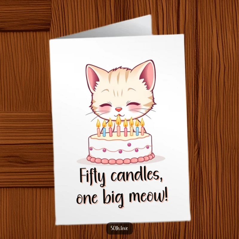 Funny Free Printable Birthday Card: A smiling kitten struggles to blow out fifty tiny candles on a miniature cake.