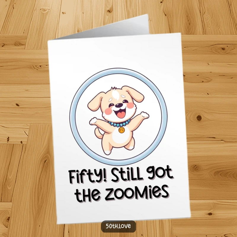 Funny Free Printable Birthday Card: Giggle dog in sequined collar jumps through a sparkly number 50 hoop.