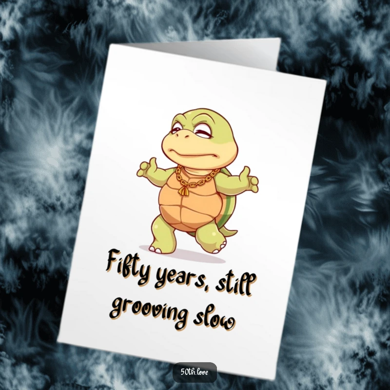 Funny Free Printable Birthday Card: An elderly turtle with a gold chain does a slow, dignified dance, celebrating a milestone.