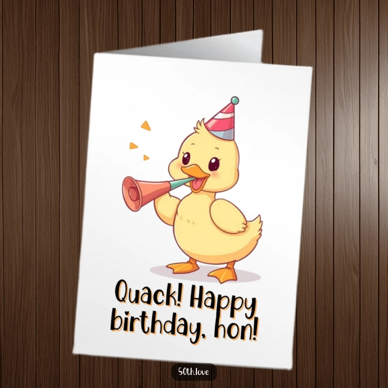 Funny Free Printable Birthday Card featuring a playful duckling vigorously blowing a party horn, creating a festive sound.