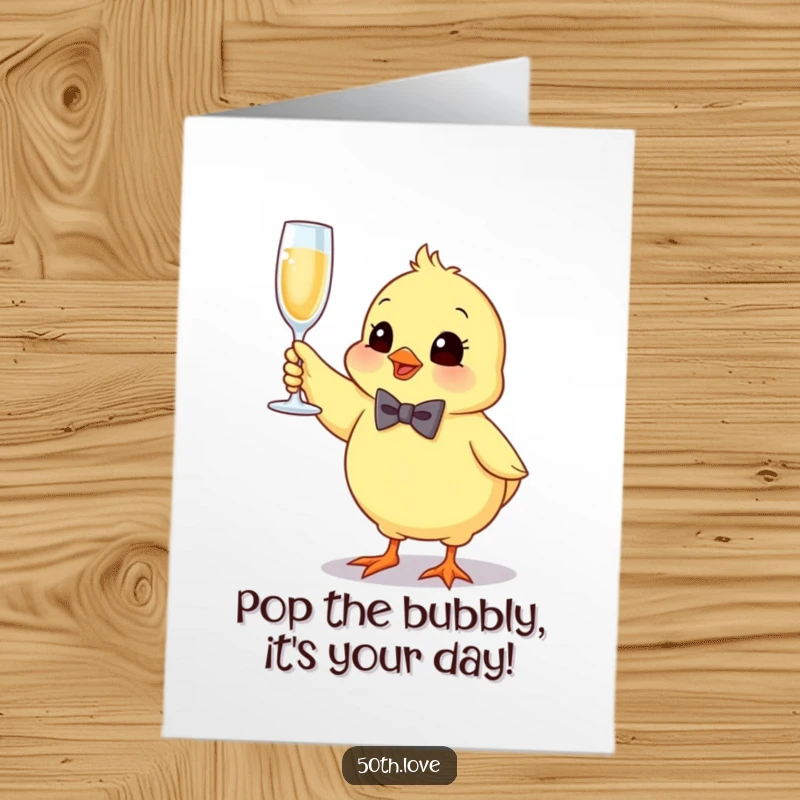 Funny Free Printable Birthday Card: A bouncing chick in a bow tie holds a sparkling champagne flute.