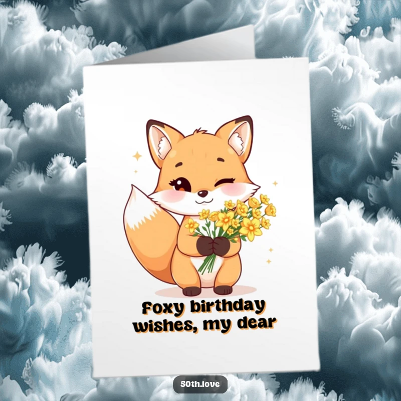 Funny Free Printable Birthday Card: A cheerful fox winks while holding a bouquet of sparkling golden flowers.